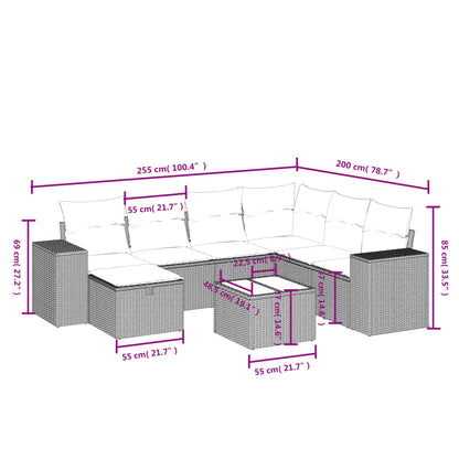 8 pcs conjunto sofás de jardim c/ almofadões vime PE castanho