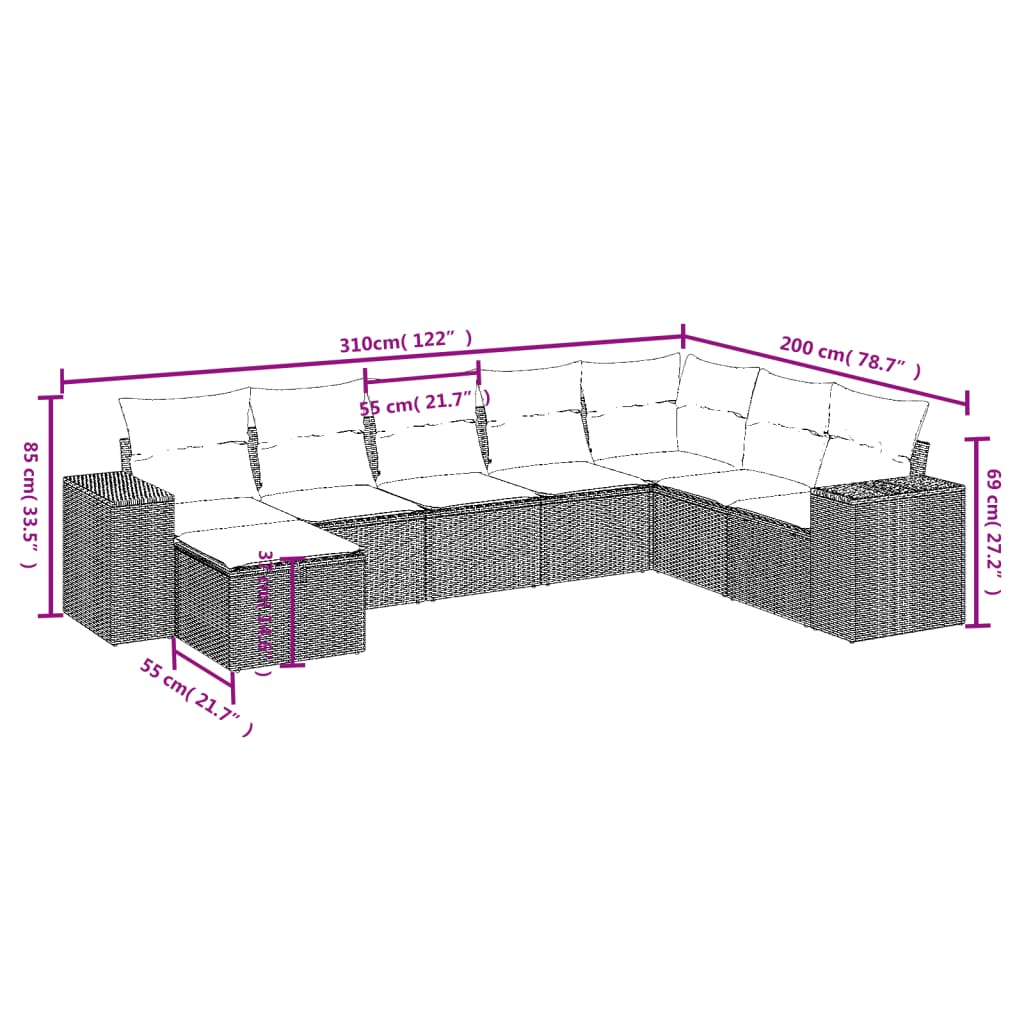 8 pcs conjunto sofás de jardim c/ almofadões vime PE castanho