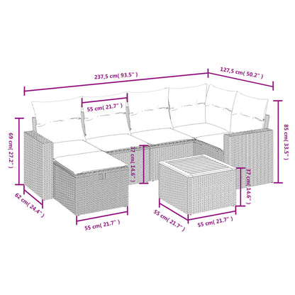 7 pcs conjunto de sofás p/ jardim com almofadões vime PE bege