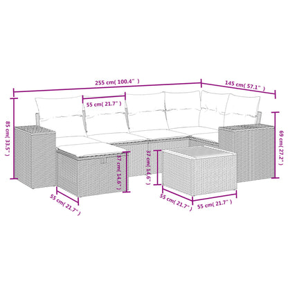7 pcs conjunto de sofás p/ jardim com almofadões vime PE bege