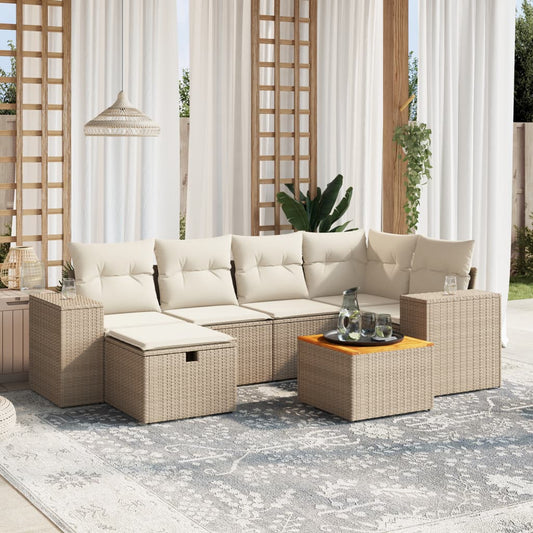 7 pcs conjunto de sofás p/ jardim com almofadões vime PE bege