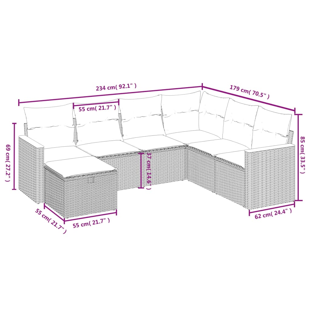 7 pcs conjunto de sofás p/ jardim com almofadões vime PE bege