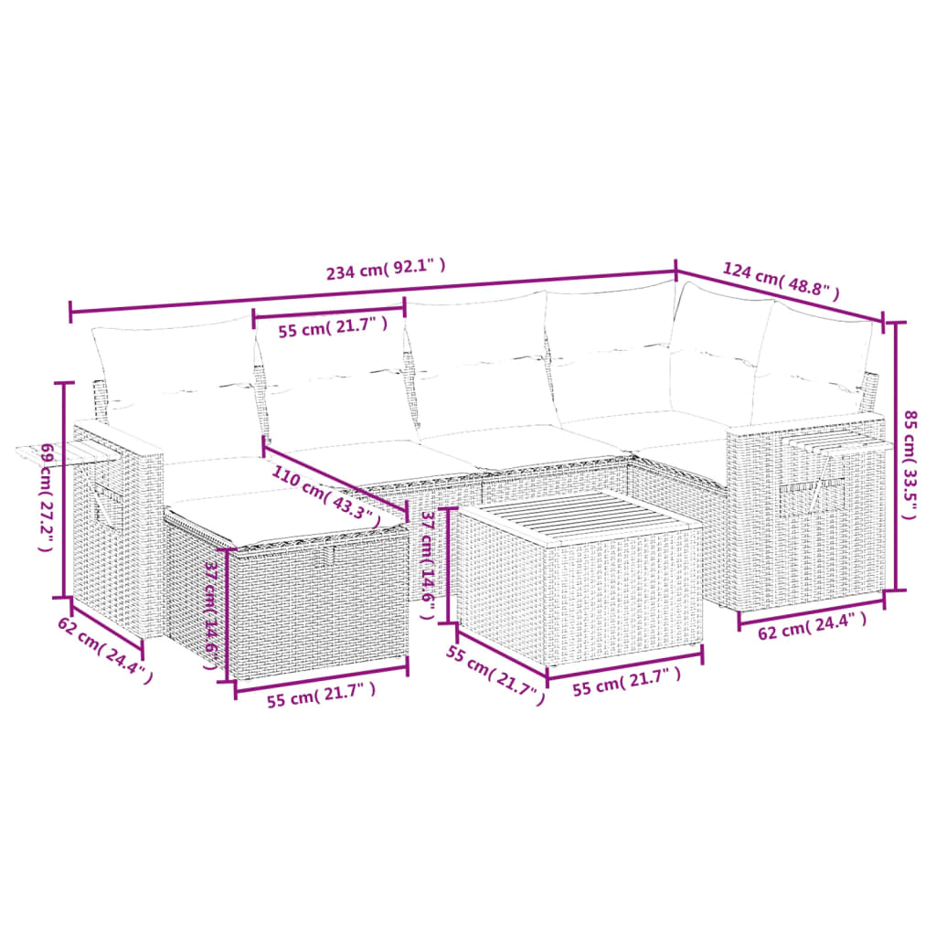 7 pcs conjunto de sofás p/ jardim com almofadões vime PE bege