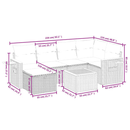 7 pcs conjunto de sofás p/ jardim com almofadões vime PE bege