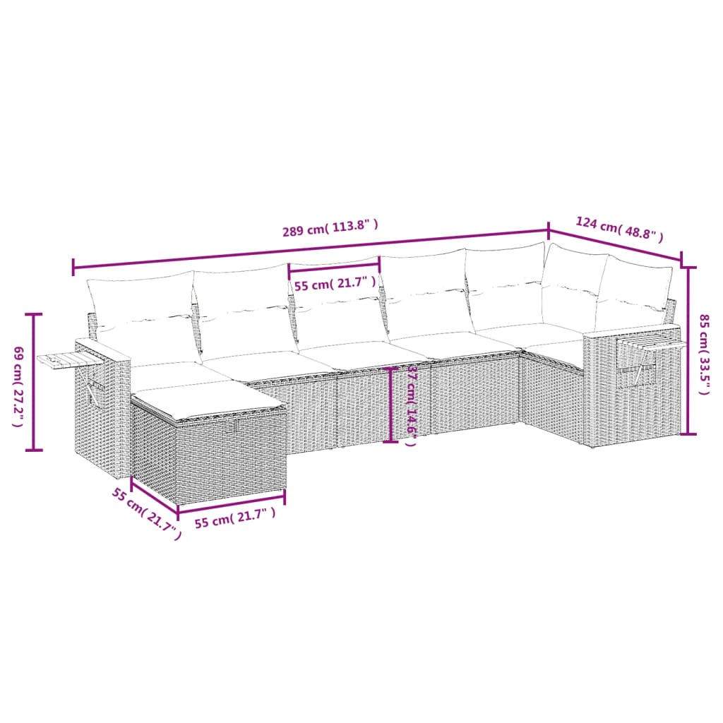 7 pcs conjunto de sofás p/ jardim com almofadões vime PE bege