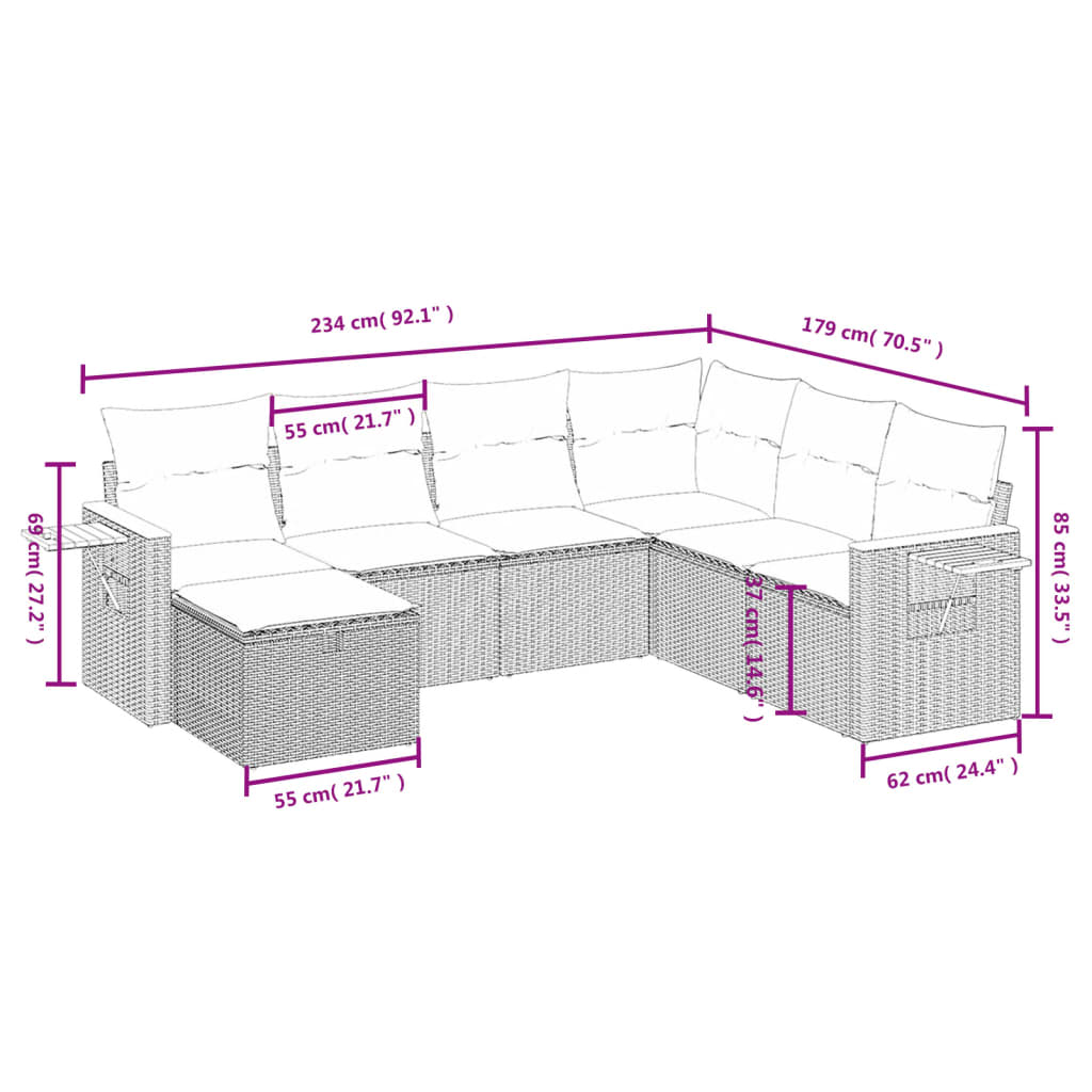 7 pcs conjunto de sofás p/ jardim com almofadões vime PE bege
