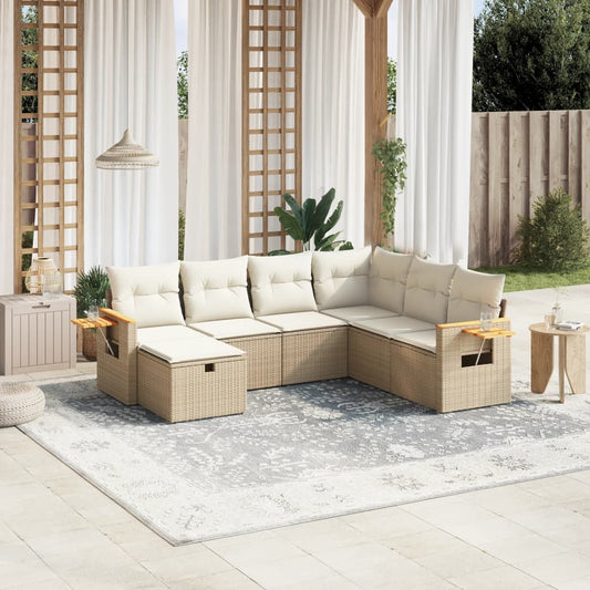 7 pcs conjunto de sofás p/ jardim com almofadões vime PE bege