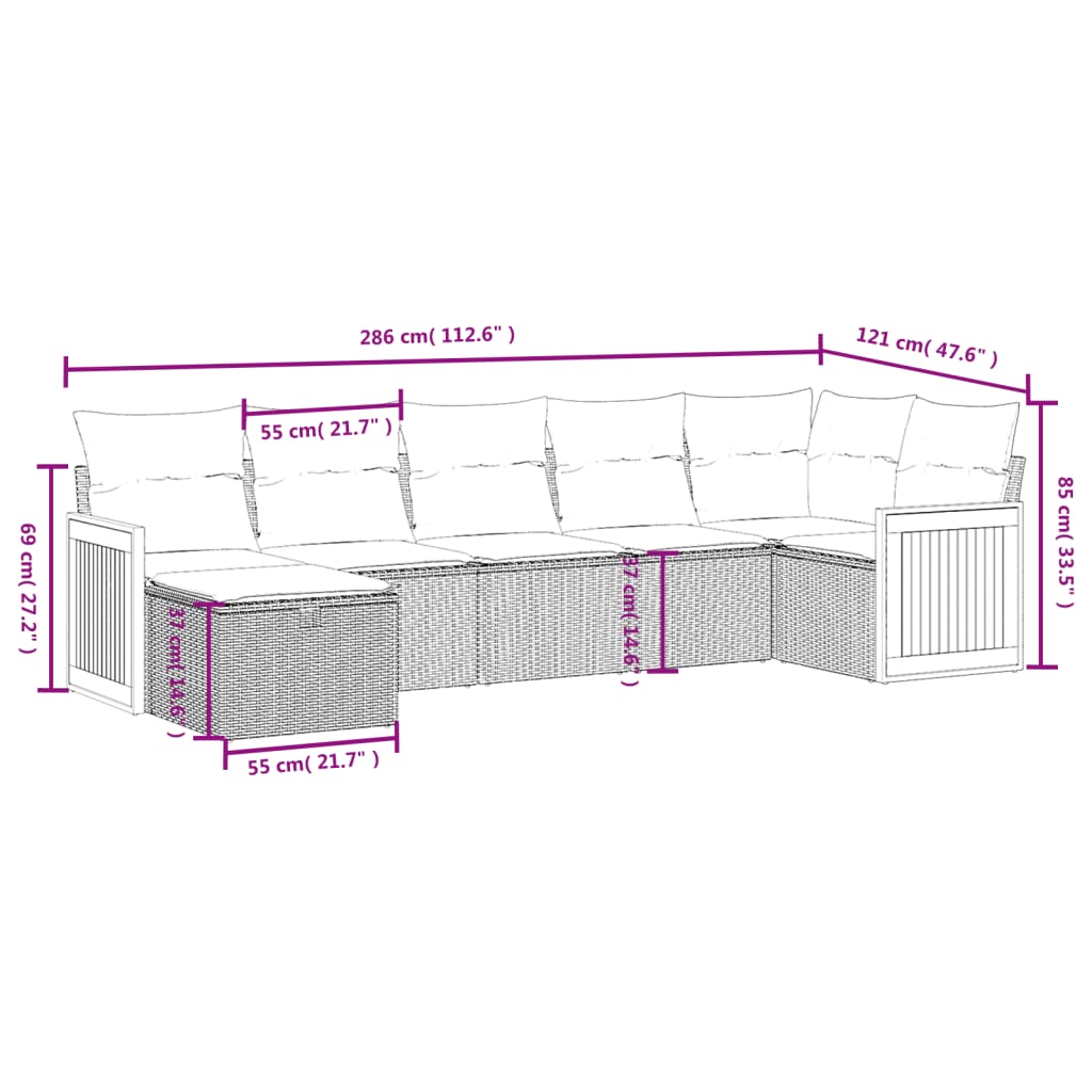 7 pcs conjunto de sofás p/ jardim com almofadões vime PE bege