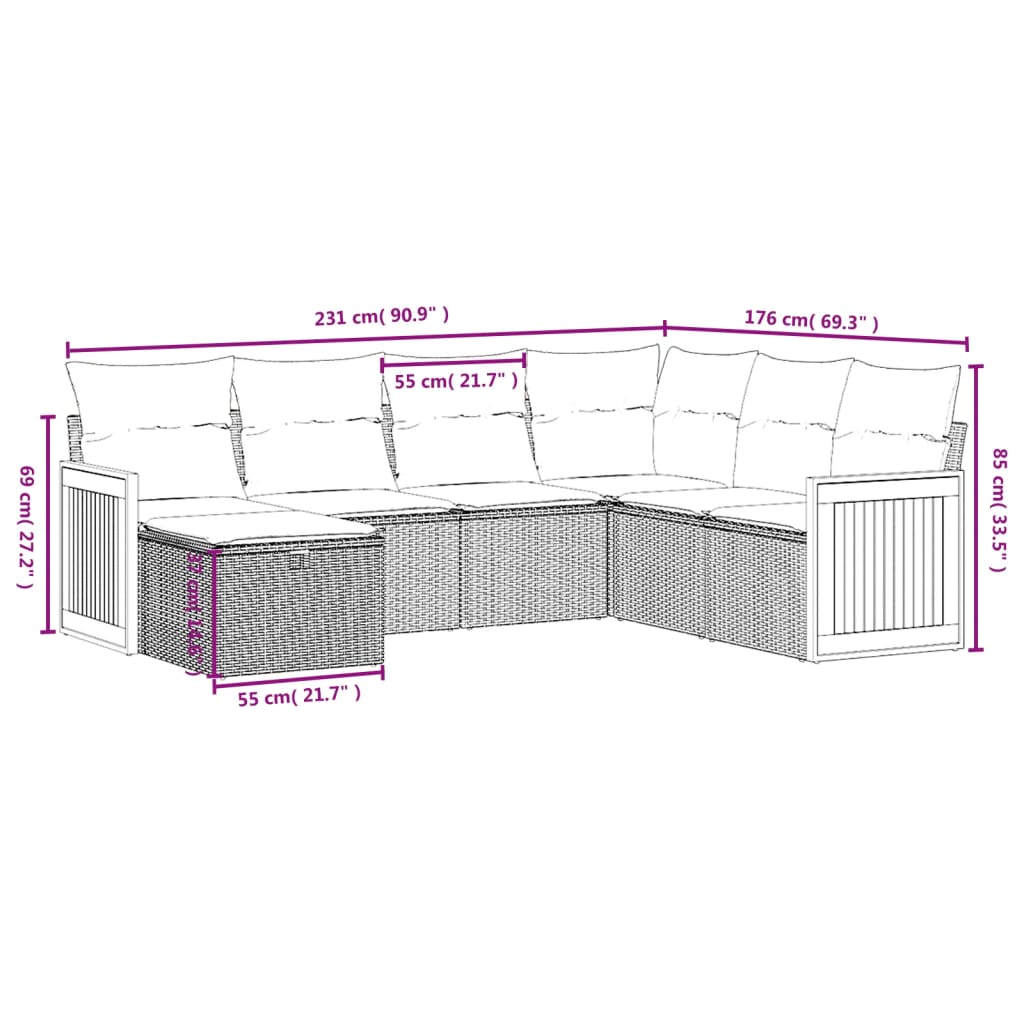 7 pcs conjunto de sofás p/ jardim com almofadões vime PE bege