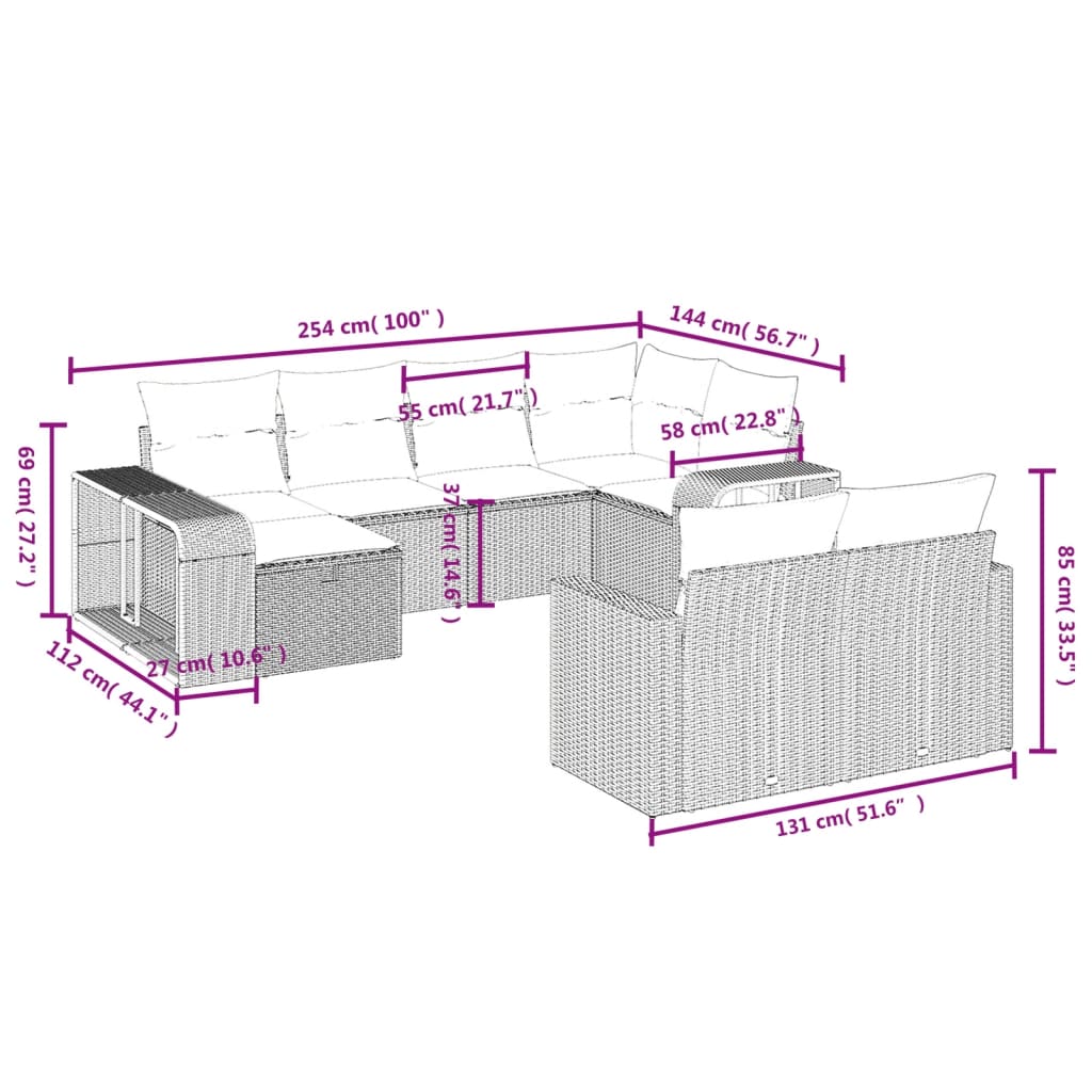 10 pcs conjunto de sofás p/ jardim com almofadões vime PE bege