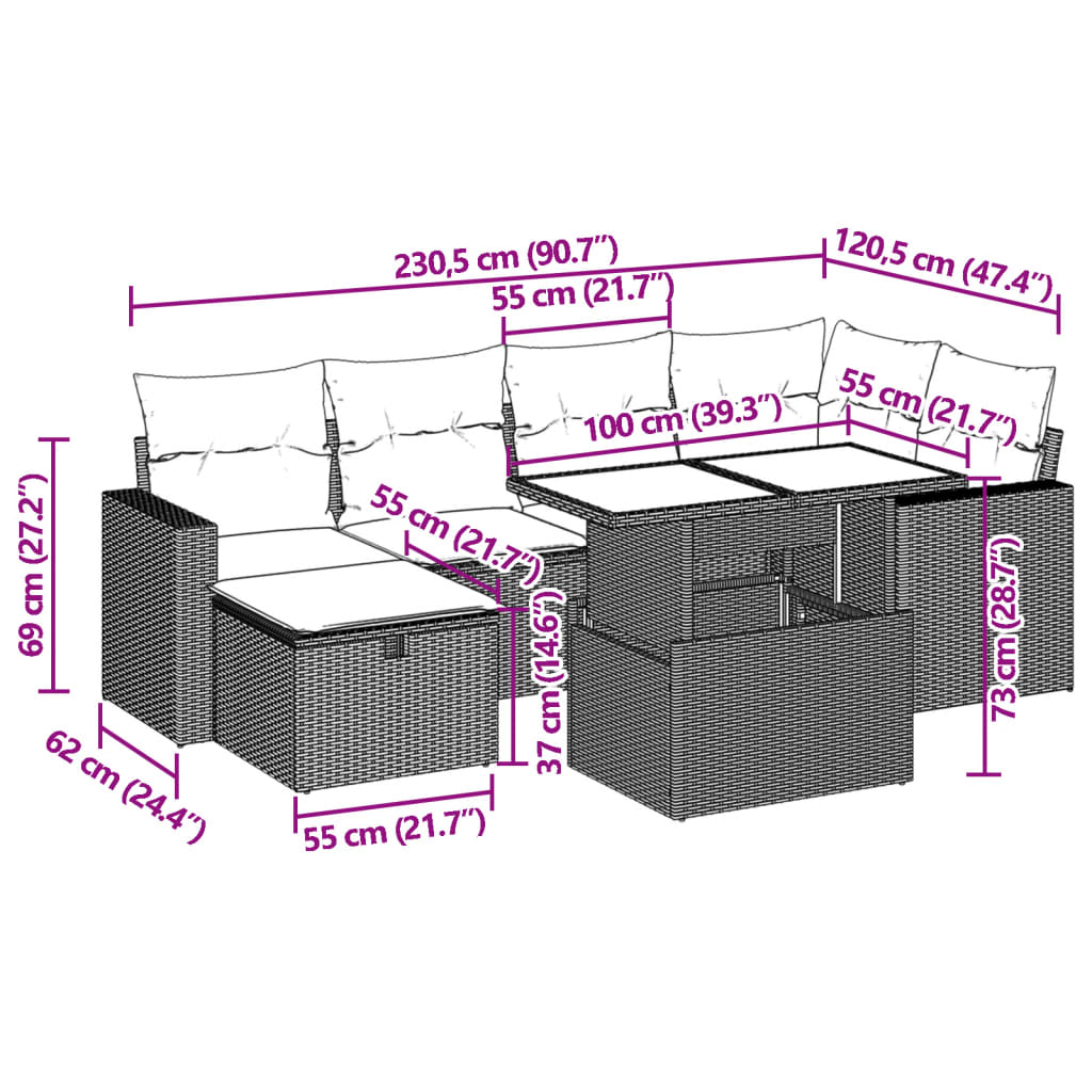 7 pcs conjunto de sofás p/ jardim com almofadões vime PE bege