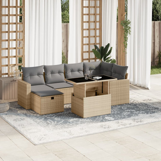 7 pcs conjunto de sofás p/ jardim com almofadões vime PE bege