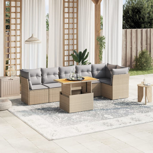 7 pcs conjunto de sofás p/ jardim com almofadões vime PE bege