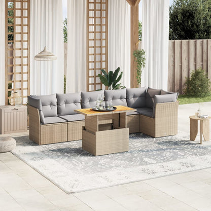 7 pcs conjunto de sofás p/ jardim com almofadões vime PE bege