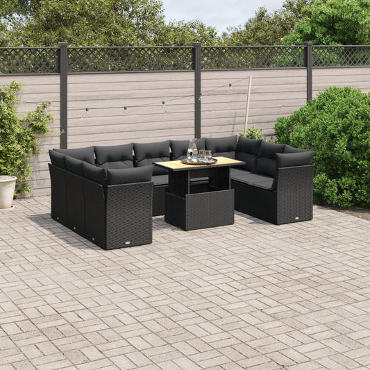 10 pcs conjunto sofás de jardim c/ almofadões vime PE preto