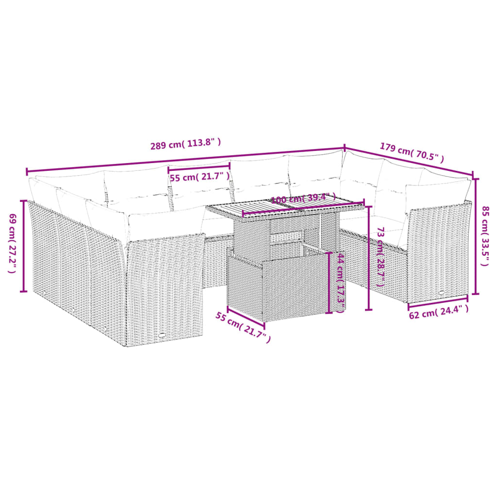 10 pcs conjunto de sofás p/ jardim com almofadões vime PE bege
