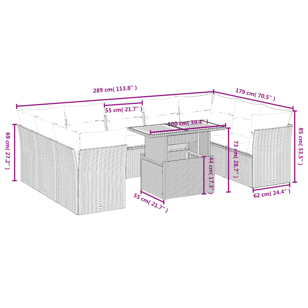 10 pcs conjunto de sofás p/ jardim com almofadões vime PE bege