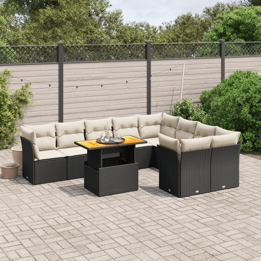 10 pcs conjunto sofás de jardim c/ almofadões vime PE preto