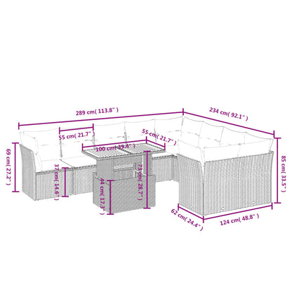 10 pcs conjunto de sofás p/ jardim com almofadões vime PE bege