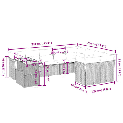 10 pcs conjunto sofás de jardim c/ almofadões vime PE preto