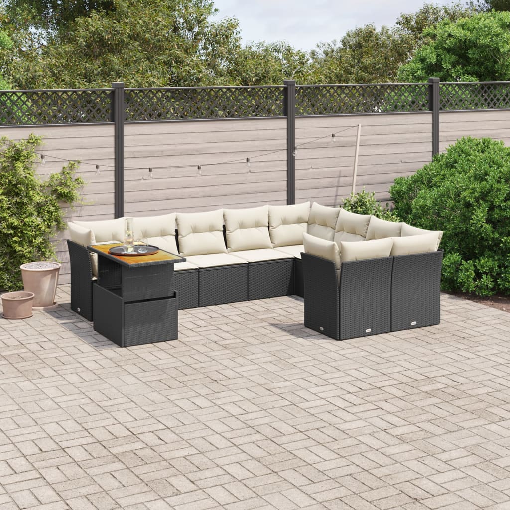 10 pcs conjunto sofás de jardim c/ almofadões vime PE preto