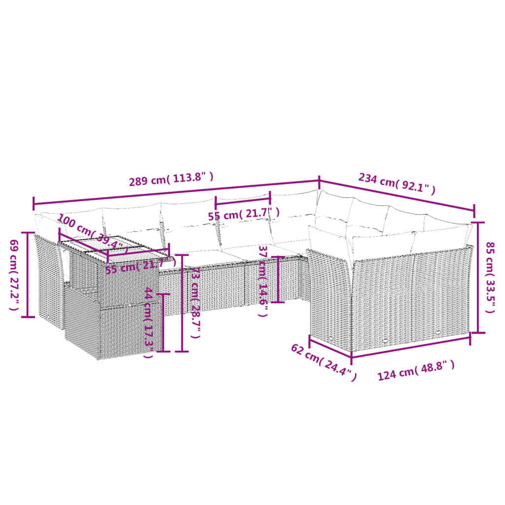 10 pcs conjunto de sofás p/ jardim com almofadões vime PE bege