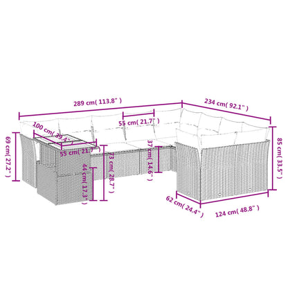 10 pcs conjunto de sofás p/ jardim com almofadões vime PE bege