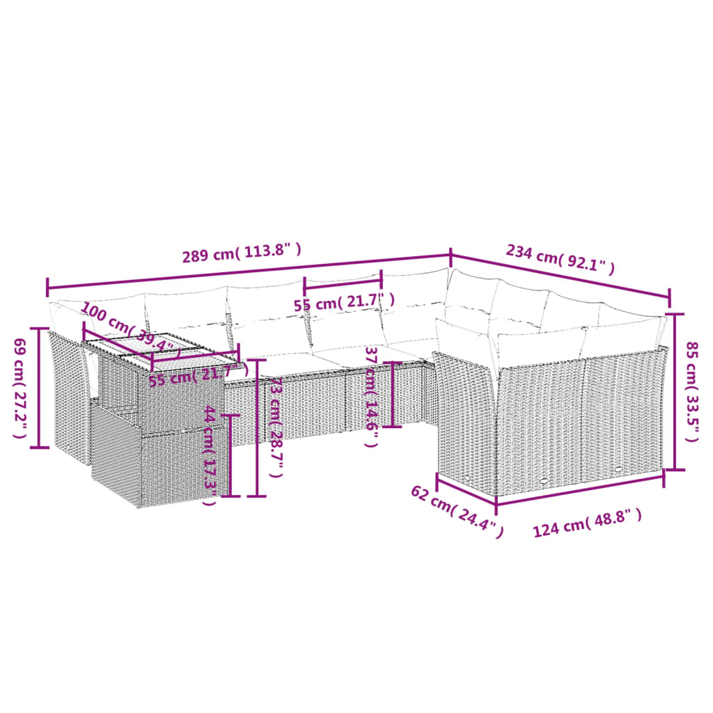 10 pcs conjunto sofás de jardim c/ almofadões vime PE cinzento