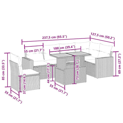 7 pcs conjunto de sofás p/ jardim com almofadões vime PE bege