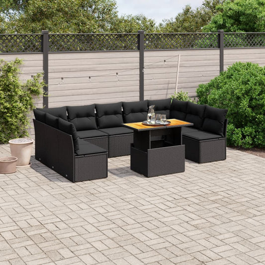 10 pcs conjunto sofás de jardim c/ almofadões vime PE preto