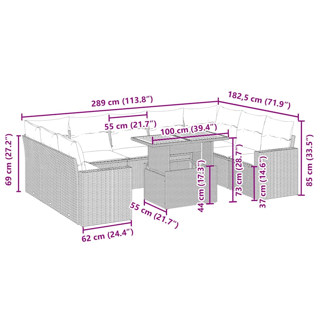 10 pcs conjunto de sofás p/ jardim com almofadões vime PE bege