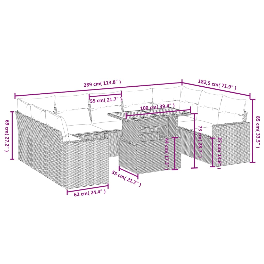 10 pcs conjunto de sofás p/ jardim com almofadões vime PE bege