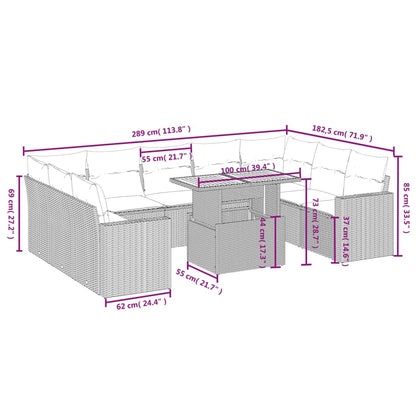 10 pcs conjunto de sofás p/ jardim com almofadões vime PE bege