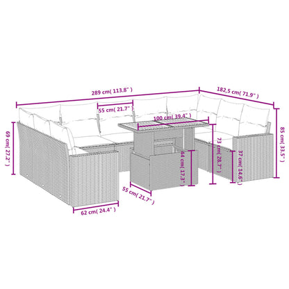 10 pcs conjunto sofás de jardim c/ almofadões vime PE cinzento