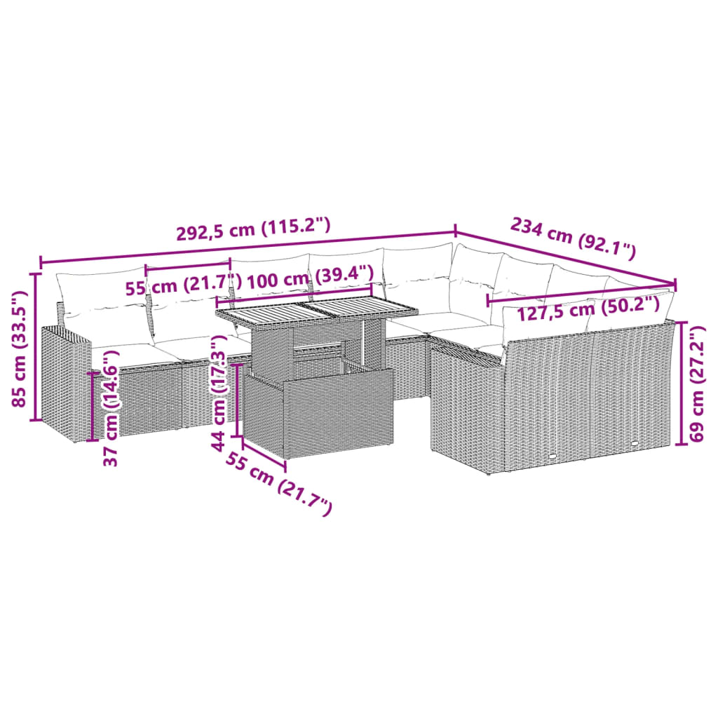 10 pcs conjunto sofás de jardim c/ almofadões vime PE preto