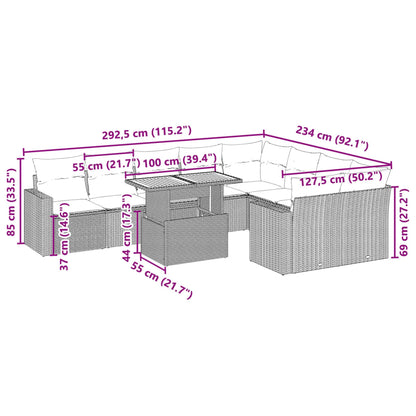 10 pcs conjunto sofás de jardim c/ almofadões vime PE preto