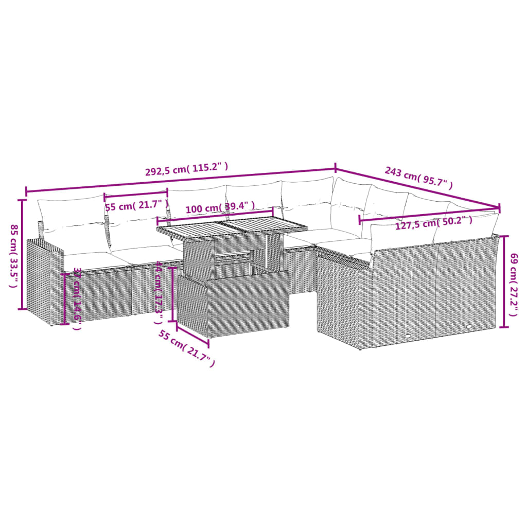 10 pcs conjunto de sofás p/ jardim com almofadões vime PE bege