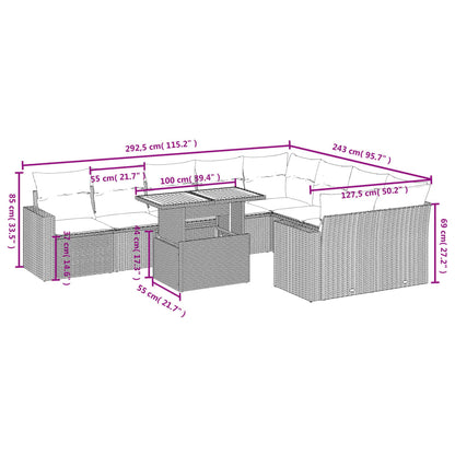 10 pcs conjunto de sofás p/ jardim com almofadões vime PE bege
