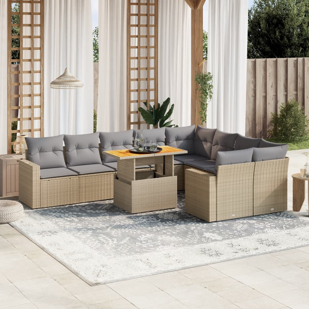 10 pcs conjunto de sofás p/ jardim com almofadões vime PE bege