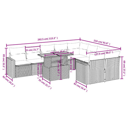 10 pcs conjunto sofás de jardim c/ almofadões vime PE cinzento