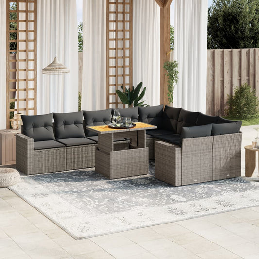 10 pcs conjunto sofás de jardim c/ almofadões vime PE cinzento