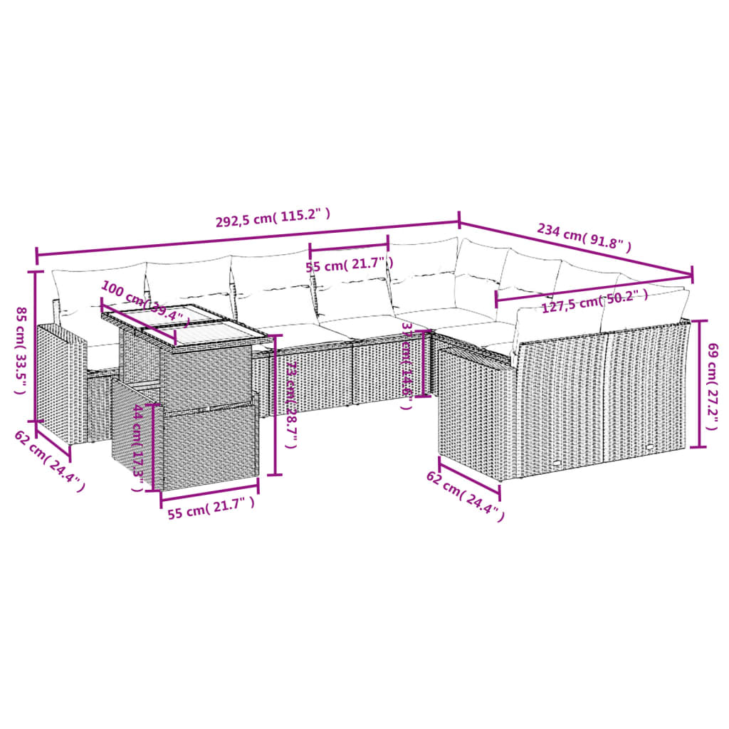 10 pcs conjunto de sofás p/ jardim com almofadões vime PE bege