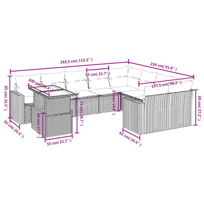 10 pcs conjunto de sofás p/ jardim com almofadões vime PE bege