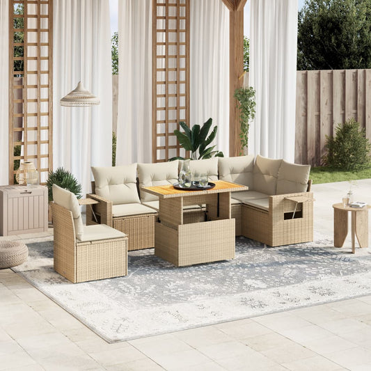 7 pcs conjunto de sofás p/ jardim com almofadões vime PE bege