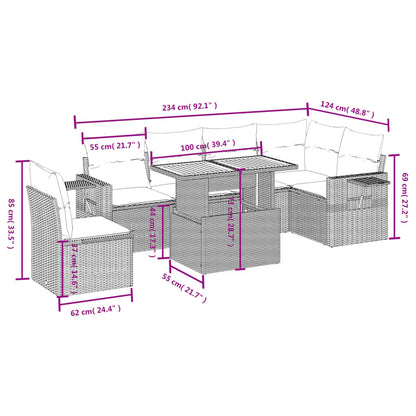 7 pcs conjunto de sofás p/ jardim com almofadões vime PE bege