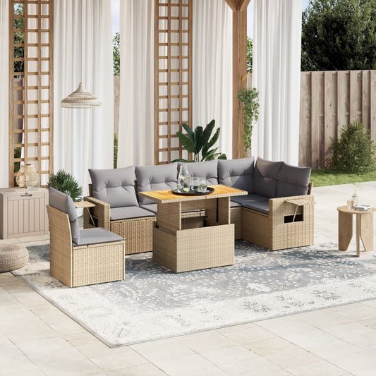 7 pcs conjunto de sofás p/ jardim com almofadões vime PE bege