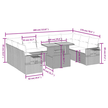 10 pcs conjunto sofás de jardim c/ almofadões vime PE cinzento