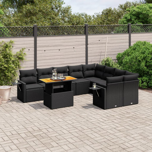 10 pcs conjunto sofás de jardim c/ almofadões vime PE preto