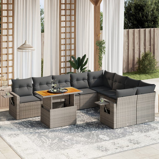 10 pcs conjunto sofás de jardim c/ almofadões vime PE cinzento