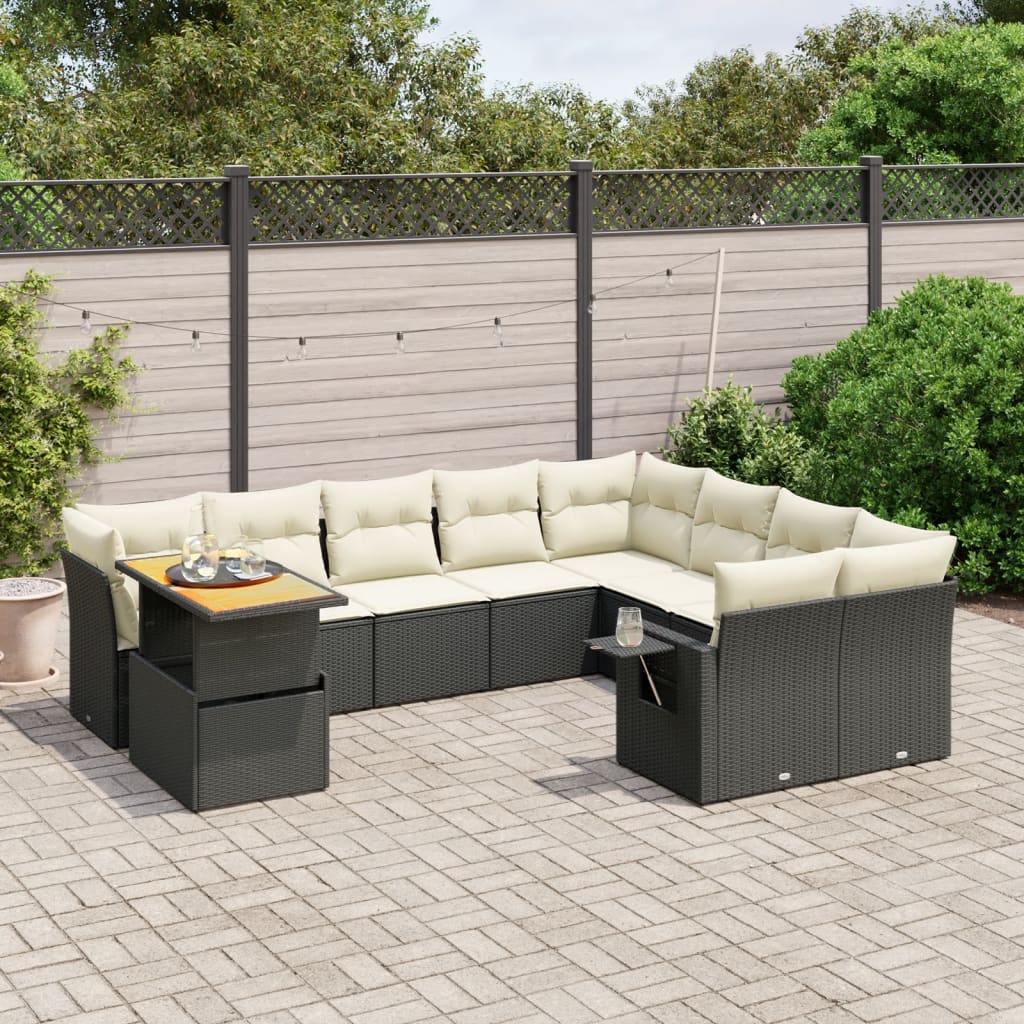 10 pcs conjunto sofás de jardim c/ almofadões vime PE preto